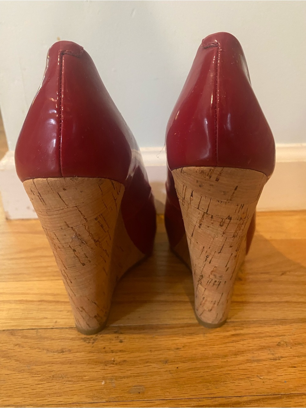 Jessica Simpson Red Patent Peep-Toe Cork Wedges - Picture 7 of 10